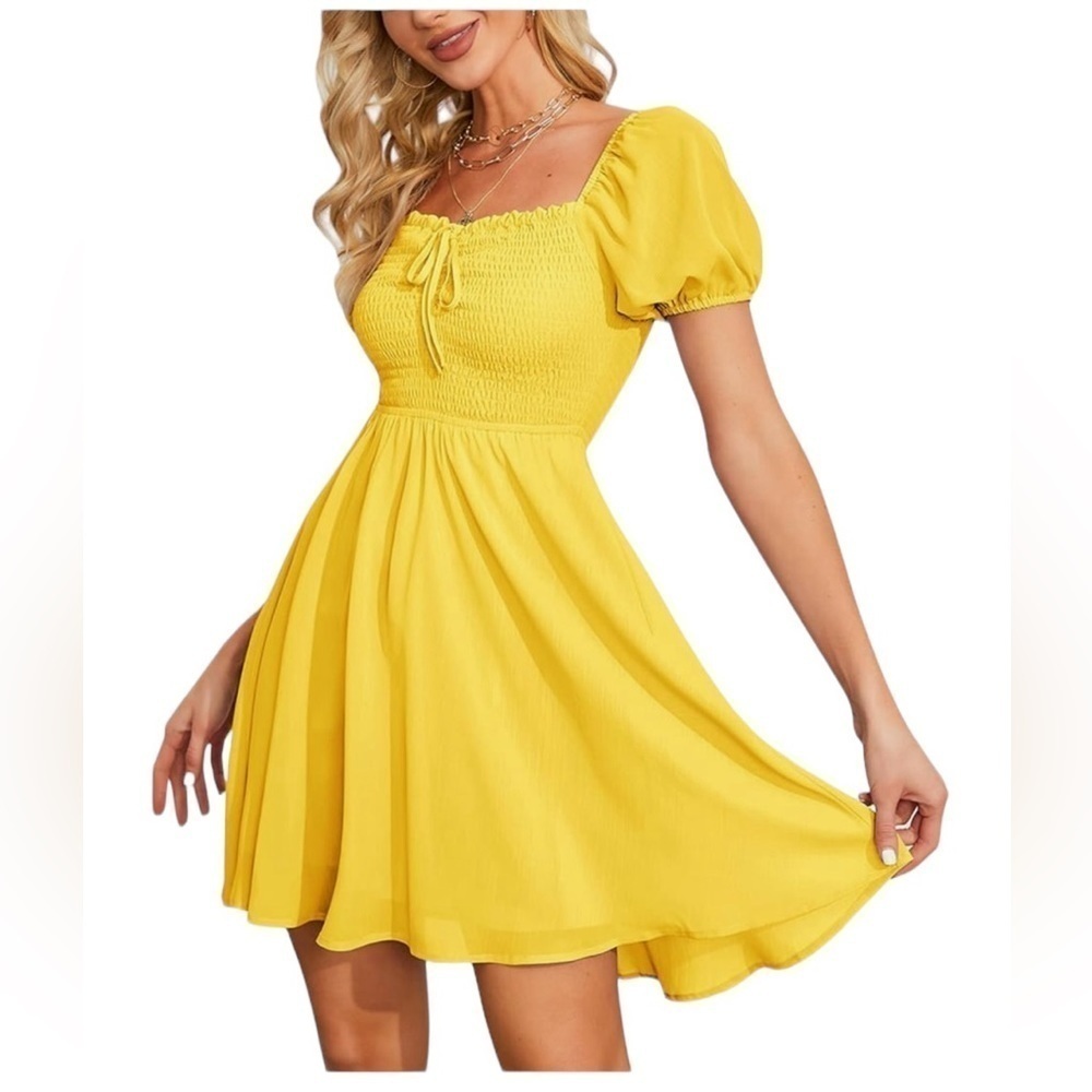 Byinns Sweetheart Neckline Dress Smocked Puff Short Sleeve Dress Size Large